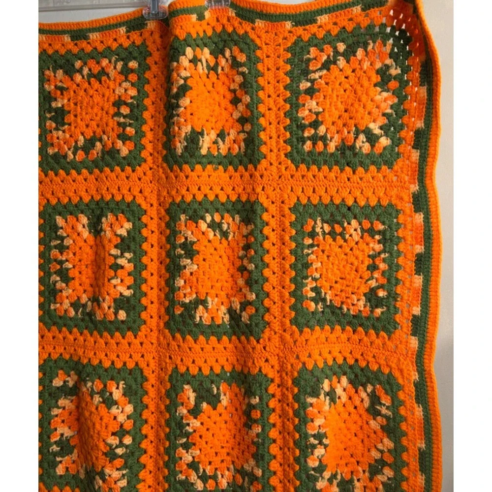 Vtg Granny Square Afghan Crocheted Blanket Orange Green 70s 48x73 Hippie Boho‎